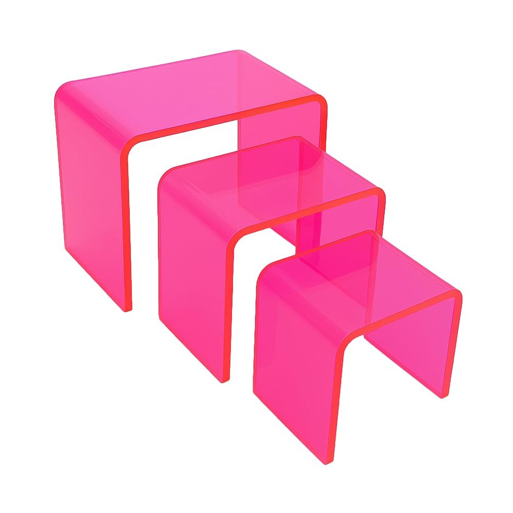 Tiered Acrylic Display Risers 3pc Set (3", 4", 5") Cube Stands for Crafts, Collectibles & Decor (Neon Pink)