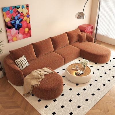 138.6" U Shaped Modern Modular Sectional Curved Back Sofa with Ottoman, Minimalist Style Comfy Cloud Couch for Living Room Apartment, No Assembly Required Boneless Couches (Orange,Right Facing Chaise)