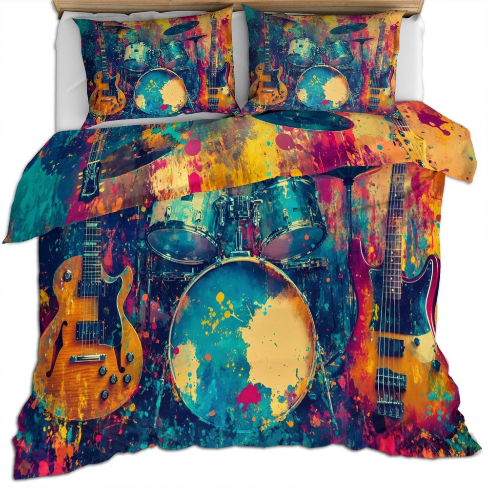 Retro Guitar Drum Set Duvet Cover Full Size - Music Theme Duvet Cover Set with Zipper Closure, Boys Room 3 Pieces Bedding Comforter Cover