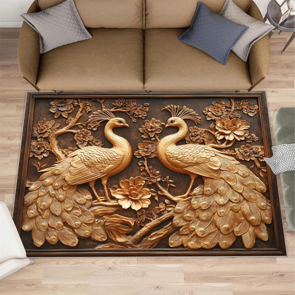 3x5 Regal Peacock Relief Area Rug - Opulent Beautiful Peacock Outdoor Rug for Porch, Area Rug Washable Non Slip for Bedroom Kitchen Living Room Entryway