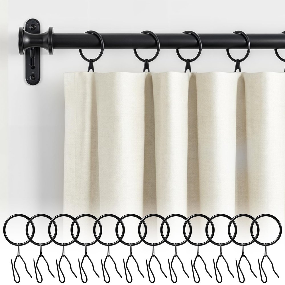 60Pcs Metal Curtain Rings with Eyelets with 60Pcs Curtain Drapery Pin Hooks for Window Door Shower Curtain, Black Curtain Rings with Pinch Pleat Curtain Hooks, 1.18"/30mm Internal Diameter
