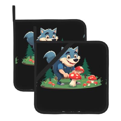 DDCXZPP Big Bad Wolf Picking Mushrooms Pattern Square Insulation Pot Mat (Two-Piece Set) for Kitchen Lid Removal, Microwave Ovens, Ovens, Featuring Side Hanging Rope