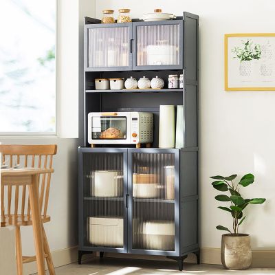FKTHYO 5-Tier Bamboo Kitchen Storage Cabinet, Bakers Rack with Microwave Cart & Shelves, Space-Saving Kitchen Organizer,77cm/31in