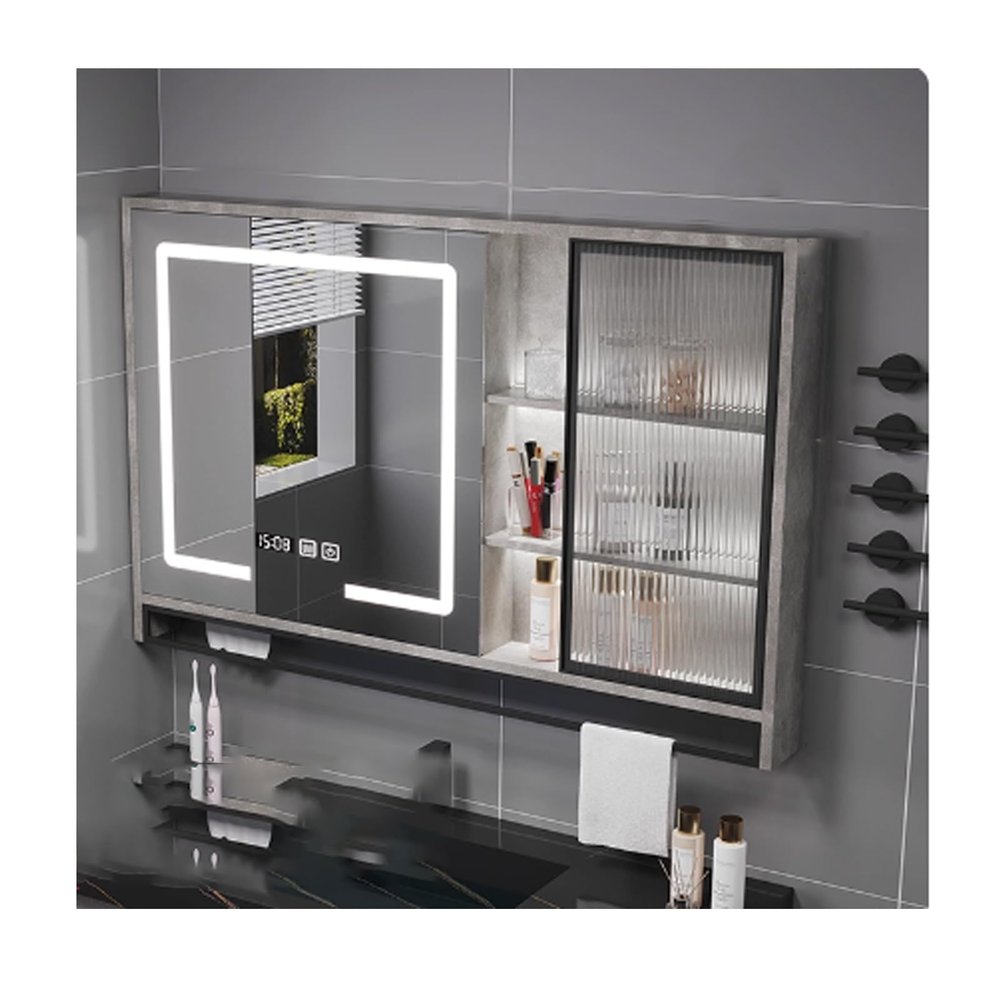 YPIOUREN Bathroom Medicine Cabinet with Mirror,Bathroom Medicine CabinetBathroom Mirror with StorageSolid Wood Multi-Layer Board,Large Makeup Mirror Cabinet,Time Display(Gray,90cm/35.4in)