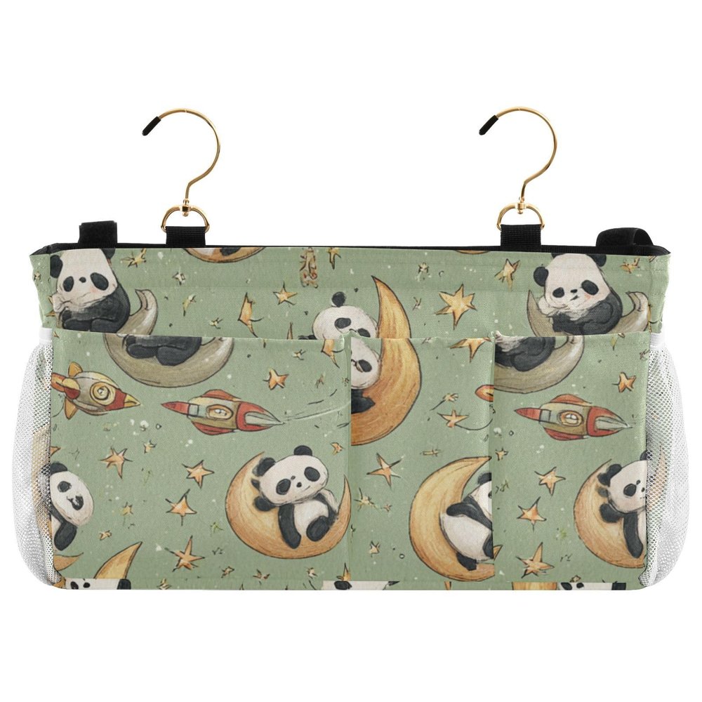 CuwrYet Bedside Caddy Metal Frame Hanging Organizer Bunk Bed Dorm Accessories Hook And Loop Storage Bag Large Pockets Sage Green Cute Panda Crescents Stars