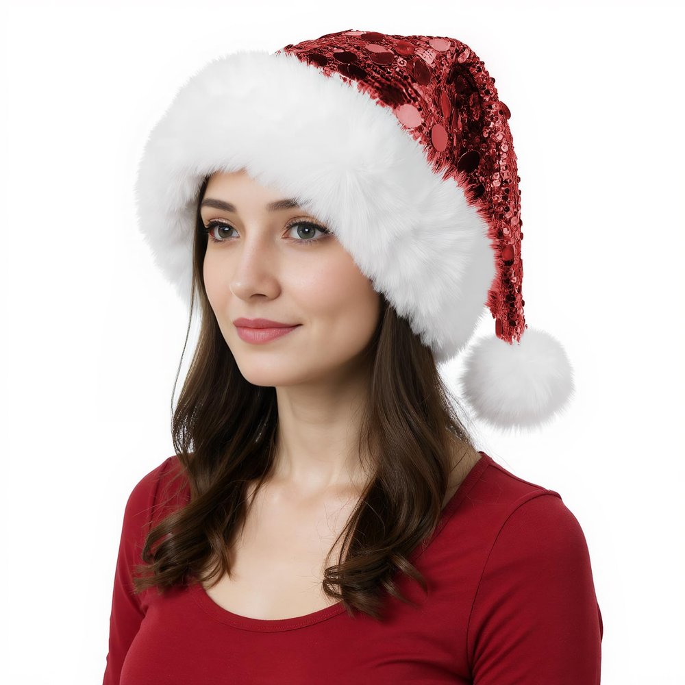 Starsouce Glittering Sequin Santa Hat Plush Christmas Hat with Sparkling Sequins Holiday Xmas Party Headwear for New Year