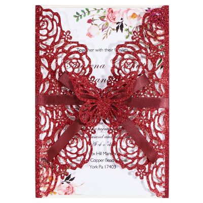 50pcs Burgundy Glitter Wedding Invitation Butterfly Rose Laser Cut Invitation Sleeve with Personalized Invitations Card, White Envelopes, for Wedding Bridal Shower Engagement (Default Blank Card)