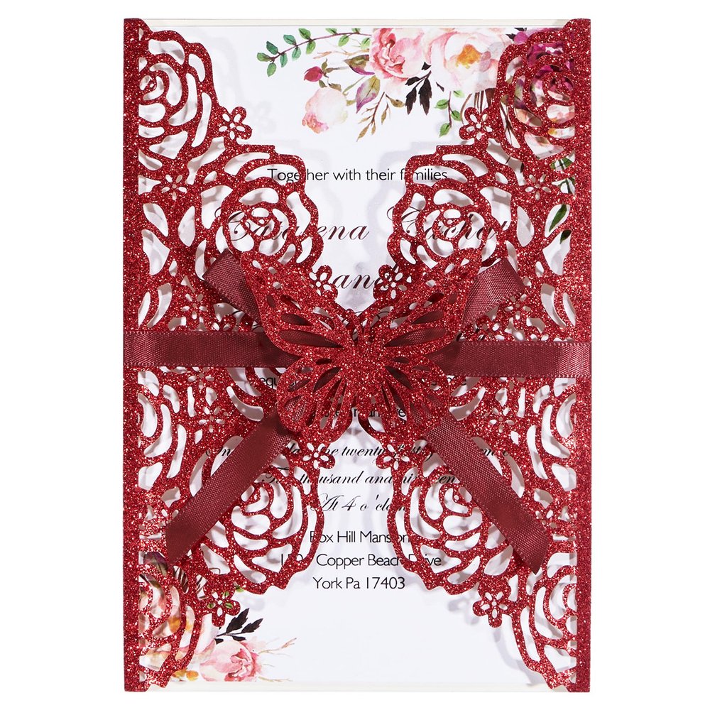 50pcs Burgundy Glitter Wedding Invitation Butterfly Rose Laser Cut Invitation Sleeve with Personalized Invitations Card, White Envelopes, for Wedding Bridal Shower Engagement (Default Blank Card)