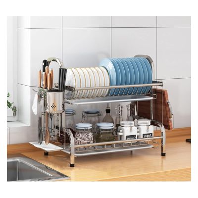 304 Stainless Steel Dish Rack, Kitchen Shelf Storage, Tableware & Chopsticks Holder with Drain Tray, Rustproof Kitchen Counter Organizer(Red)