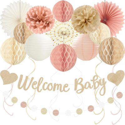 24 Pieces Boho Baby Shower Decorations for Girl, Welcome Baby Banner with Honeycomb Balls, Paper Flowers, Lanterns, Fans, Hanging Swirls and Garland Kit, Nursery Wall Decor