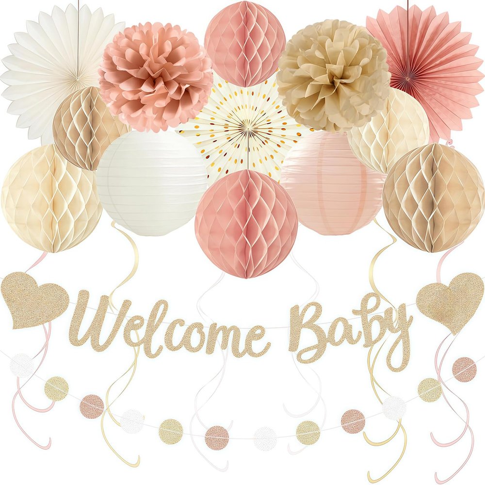 24 Pieces Boho Baby Shower Decorations for Girl, Welcome Baby Banner with Honeycomb Balls, Paper Flowers, Lanterns, Fans, Hanging Swirls and Garland Kit, Nursery Wall Decor