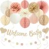 24 Pieces Boho Baby Shower Decorations for Girl, Welcome Baby Banner with Honeycomb Balls, Paper Flowers, Lanterns, Fans, Hanging Swirls and Garland Kit, Nursery Wall Decor view 1