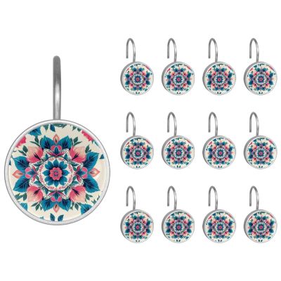 Chenille Print Shower Curtain Hooks,Set of 12 Shower Curtain Rings,Shower Hooks for Curtain Shower Rings,Rust Proof Metal Shower Hooks