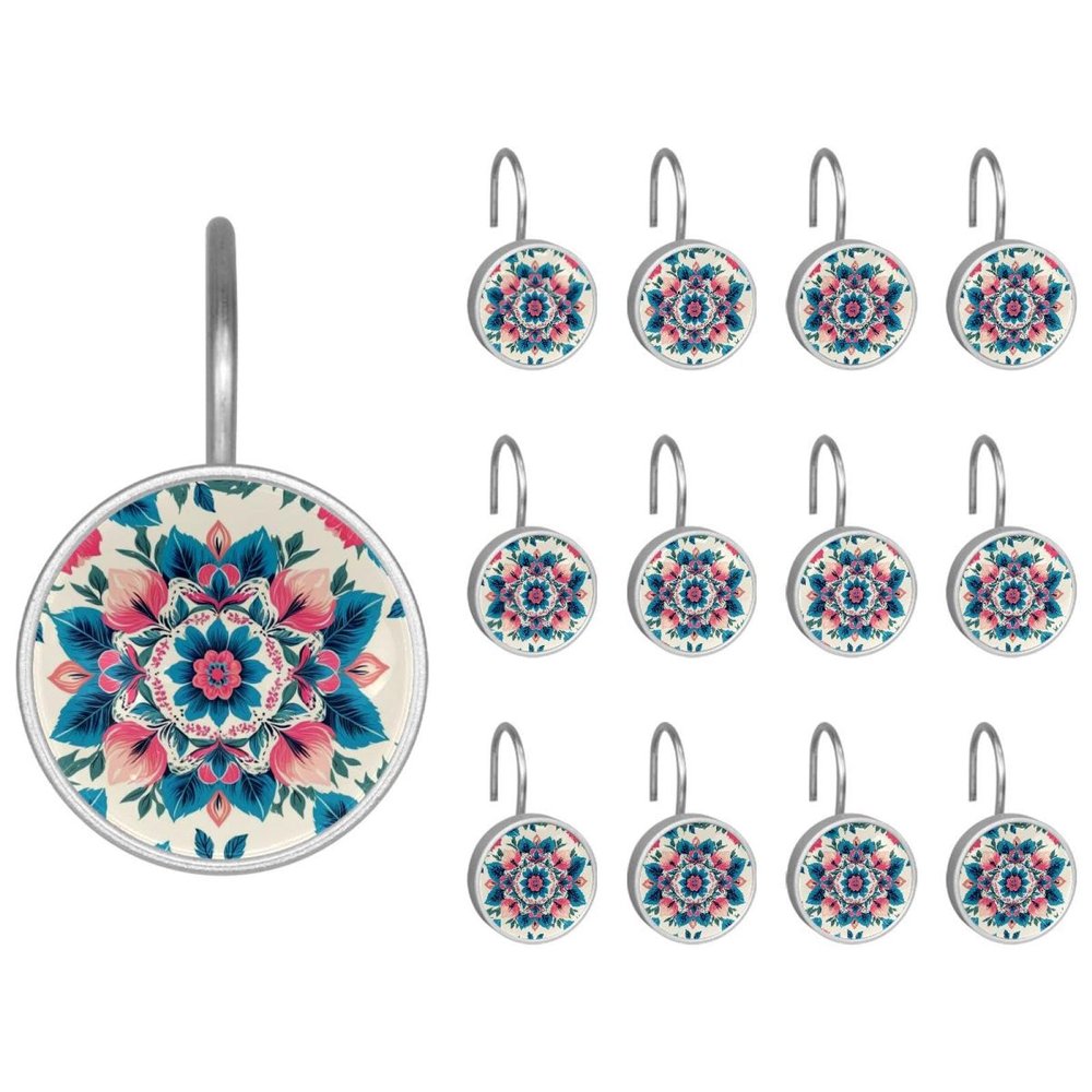 Chenille Print Shower Curtain Hooks,Set of 12 Shower Curtain Rings,Shower Hooks for Curtain Shower Rings,Rust Proof Metal Shower Hooks