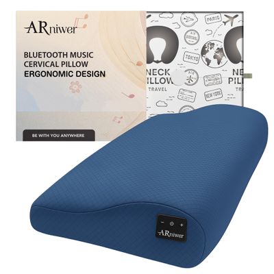 ARniwer Wave Shape Cervical Memory Foam Pillow for Neck Support, Neck Contour Cervical Orthopedic Bed Pillow, Ergonomic Design, Built-in Wireless Bluetooth Music, Free Pillowcase Included (Blue)