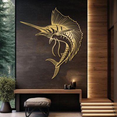 Metal Sailfish Wall Art, Swordfish Metal Wall Art, Ocean Wall Decor, Nautical Wall Hanging, Coastal Wall Sculpture, Sea Life Wall Sculpture for Bathroom, Outdoor, Pool (Gold, 53"x47"/135x120cm)