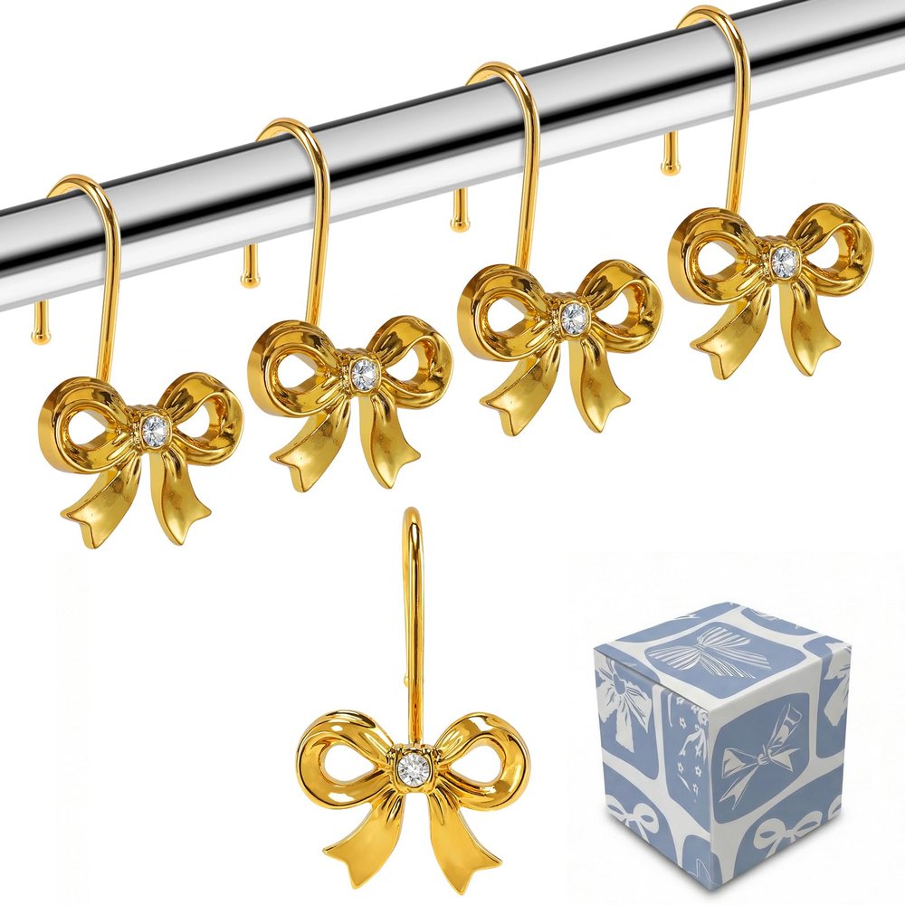 YanKiTour Gold Bow Shower Curtain Hooks, 12 Pack Metal Decorative Rings, Rust Proof Bow Knot Design for Bathroom Bedroom Living Room Baby Room Nursery Art Decor (Gold 3)