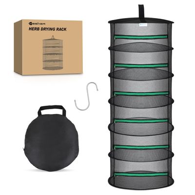 Yesker 6 Layer Herb Drying Rack Hanging Mesh Net Foldable Plant Drying Racks 24" Diameter with Green Zipper & Hook Dryer Hanging Rack for Herbs Seed Bud Fruit Clothes Grow Tent Closets Garden Outdoor