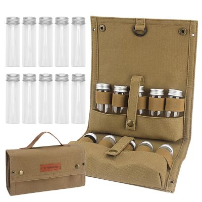 Frdhee Travel Spice Kit, Portable Spice Bag with 10 Spice Jars, 10 Empty Glass Spice Containers with Canvas Storage Bag Organizer, Seasoning Bottle Holder for Outdoor Camping BBQ