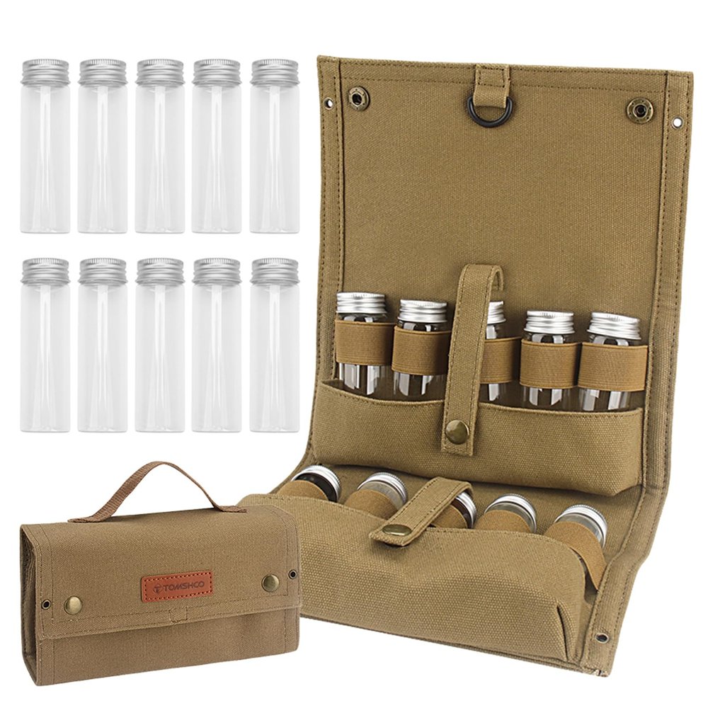Frdhee Travel Spice Kit, Portable Spice Bag with 10 Spice Jars, 10 Empty Glass Spice Containers with Canvas Storage Bag Organizer, Seasoning Bottle Holder for Outdoor Camping BBQ