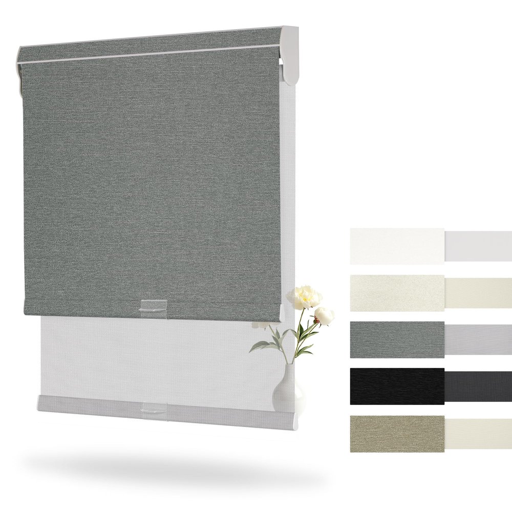 Boolegon Cordless Dual Roller Shades, Jacquard Grey and Grey, 77" W x 64" H