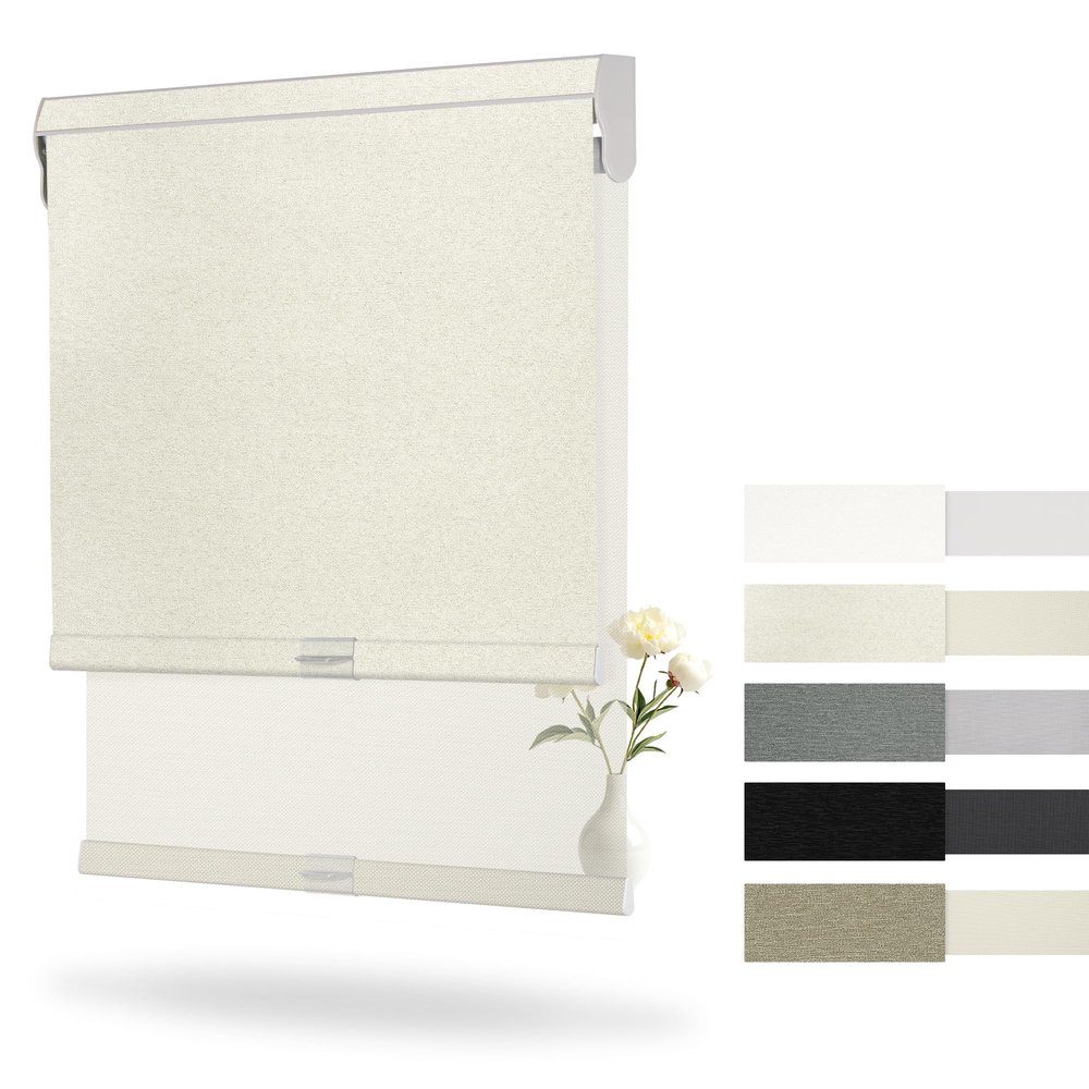 Boolegon Cordless Dual Roller Shades, Jacquard Beige and Beige, 57"W x 64"H