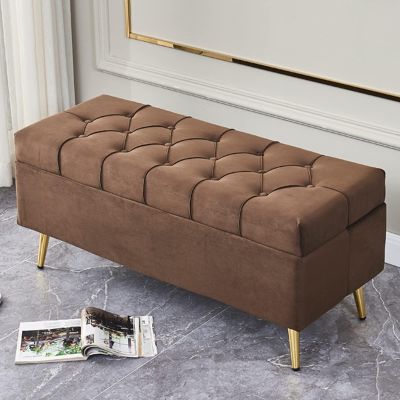 Elegant Velvet Upholstered Storage Bench with Gold Legs, Button Tufted Accent Ottoman for Living Room, Bedroom, Entryway, 60x40x45cm, Grey(Blue,180 * 24 * 18cm)