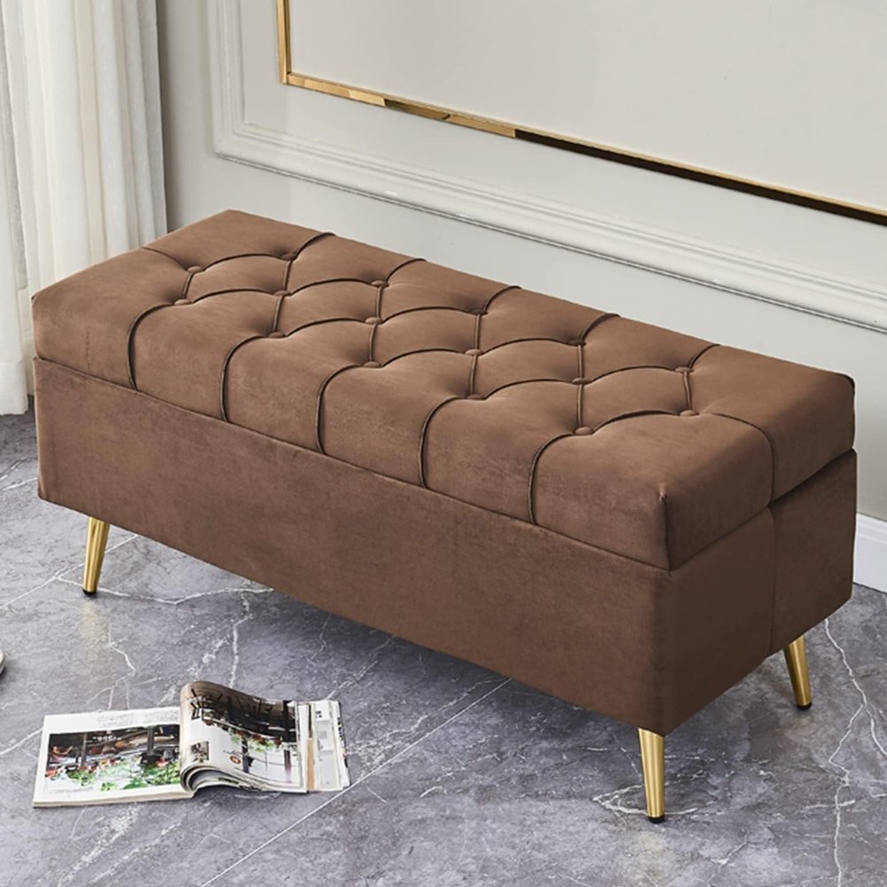 Elegant Velvet Upholstered Storage Bench with Gold Legs, Button Tufted Accent Ottoman for Living Room, Bedroom, Entryway, 60x40x45cm, Grey(Blue,180 * 24 * 18cm)