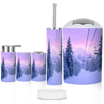Bathroom Accessory Set 6PCS Winter Mountains Panorama ski Slopes ski Lifts Trash can, Soap Dispenser, Toothbrush Holder, Toilet Brush & Holder, Soap Dish for Housewarming Gifts
