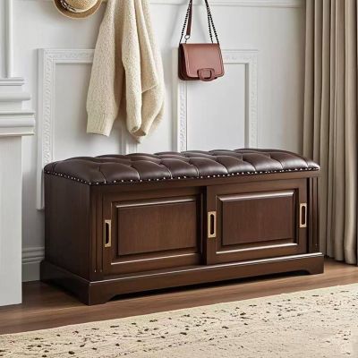 Topjia Solid Wood Shoe Bench with Hidden Storage,Leather Upholstered Entryway Shoe Cabinet,Retro Shoe Rack Bench for Hallway, Front Door(15" D x 43.4" W x 17.7" H, Dark Brown)