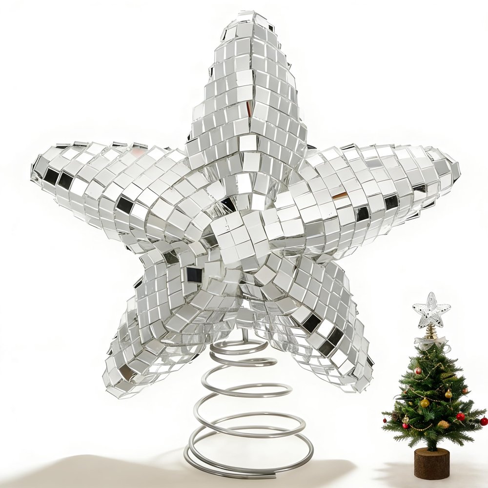 Christmas Tree Topper Decorations, Disco Star Xmas Tree Topper, 3D Silver 5 Point Star Treetop for Christmas Tree Ornament, 8.8"