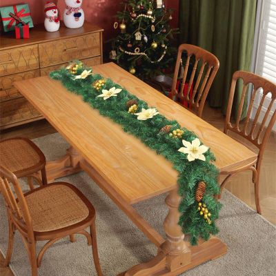 2025 Christmas Garland with Flower, 9FT Plastic Christmas Decor Artificial Wreath, PVC Fake Green Wreath with Flower for Christmas Holiday Table Home Decoration (Yellow)