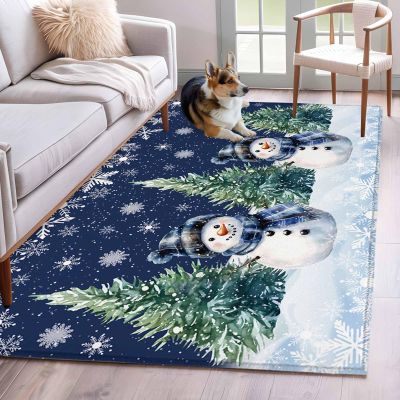 2.7'x5' Area Rug Navy Blue Christmas Snowman Washable Hallway Area Rugs for Entryway Kitchen Classroom, Xmas Tree Snowflake Snowscape StainResistant Dorm Carpet Patio Runner Rugs