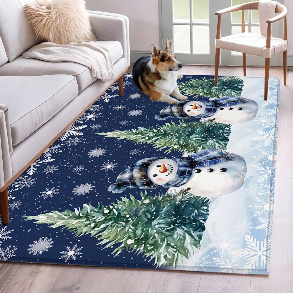 2.7'x5' Area Rug Navy Blue Christmas Snowman Washable Hallway Area Rugs for Entryway Kitchen Classroom, Xmas Tree Snowflake Snowscape StainResistant Dorm Carpet Patio Runner Rugs