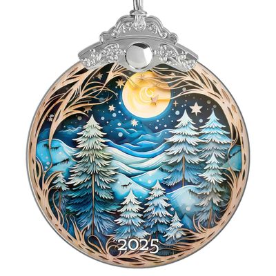 Christmas Ornaments, 2D Flat Acrylic Ornament, Winter Night Landscape 2025 Christmas Ornament, Large Acrylic Ornaments for Christmas Tree, White Elephant Gifts, Christmas Decor (Blue Forest)