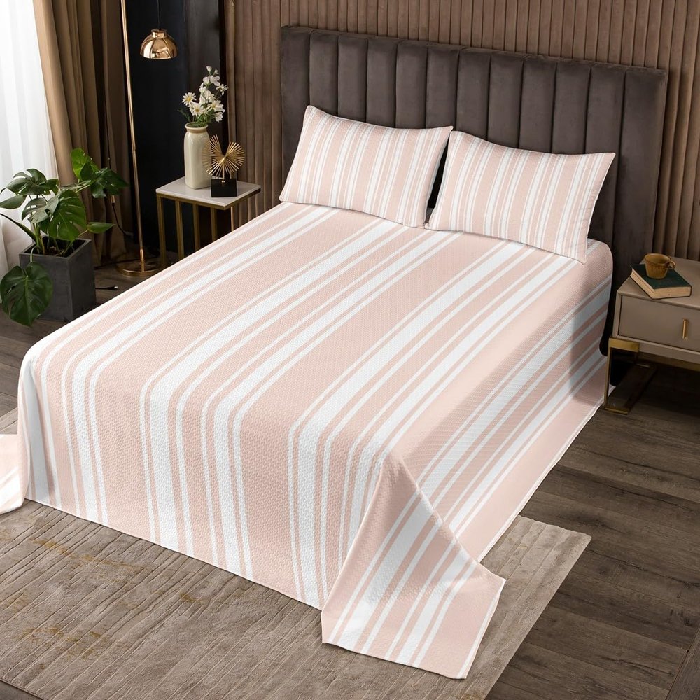 Stripe Quilts Set for Kids Boys,Light Pink Modern Stripe 2Pcs Bedspread Bedding Sets,Kids Adults Rustic Farmhouse Bed Cover Set,Watercolor Striped Bedspread Coverlet with 1 Pillowcase (Twin Size)