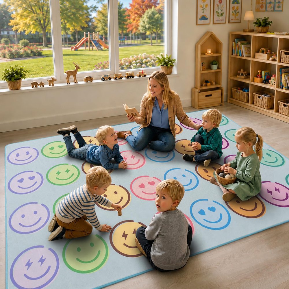 8x10 ft Classroom Smiley Carpet for Kids, Educational Play Rug