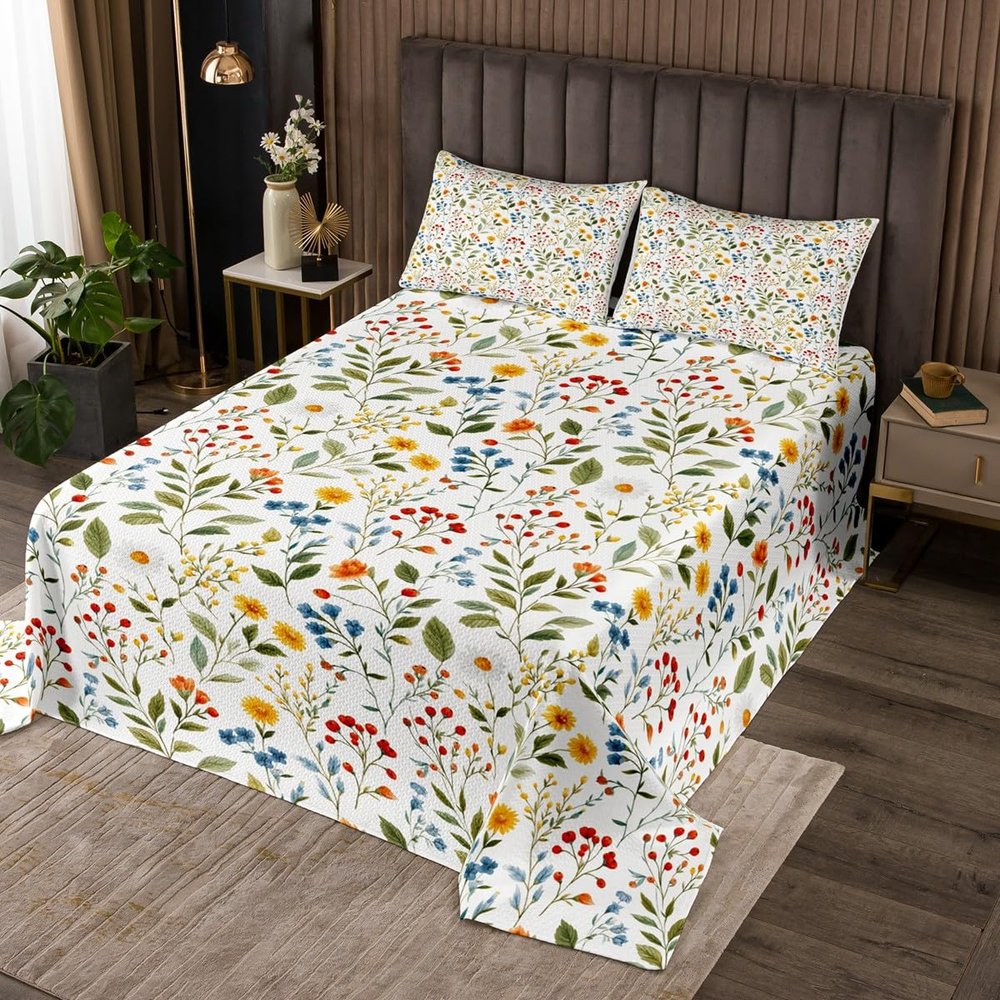 jejeloiu Botanical Floral Printed Bedspread 2 Pieces Twin Size Blossom Flowers Pattern Coverlet Set Soft Cozy Natural Theme Lightweight Quilted Coverlet for All Season with 1 Pillowcase