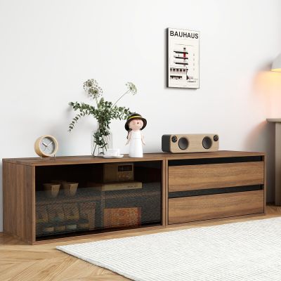 JOYSOURCE Stackable Storage Cabinet Set of 2 with 2 Drawers & Dark Glass Sliding Door Shelf Modular Cabinet Rectangle for Dining Room, Living Room Small Walnut Finish