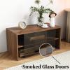 JOYSOURCE Stackable Storage Cabinet Set of 2 with 2 Drawers & Dark Glass Sliding Door Shelf Modular Cabinet Rectangle for Dining Room, Living Room Small Walnut Finish view 3