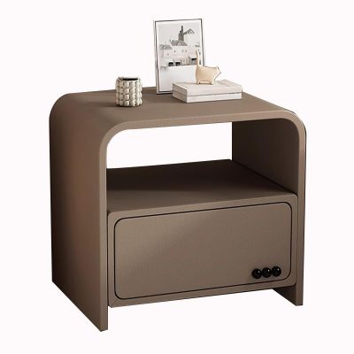 Bedside Cabinet with Drawer Open Shelf Leather-Wrapped Night Stand Multifunctional Storage Unit for Living Room Solid Construction(Brown)