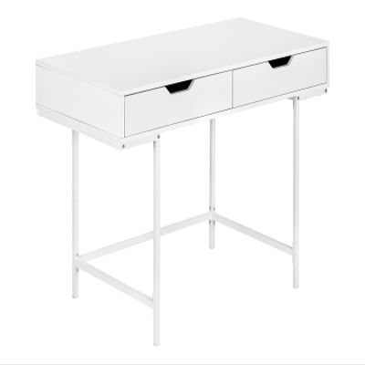 agnixnaf White Computer Desk with 2 Drawers, Metal Legs, Rectangular Standing Desk, Modern, for Home Office