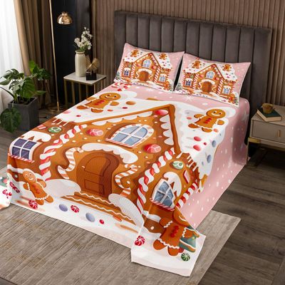 jejeloiu Gingerbread Man Bedspread Quilts Pink Christmas Coverlet Set Twin Size for Kids Boys Girls Snowflake Quilted Coverlet for All Season with 1 Pillowcase