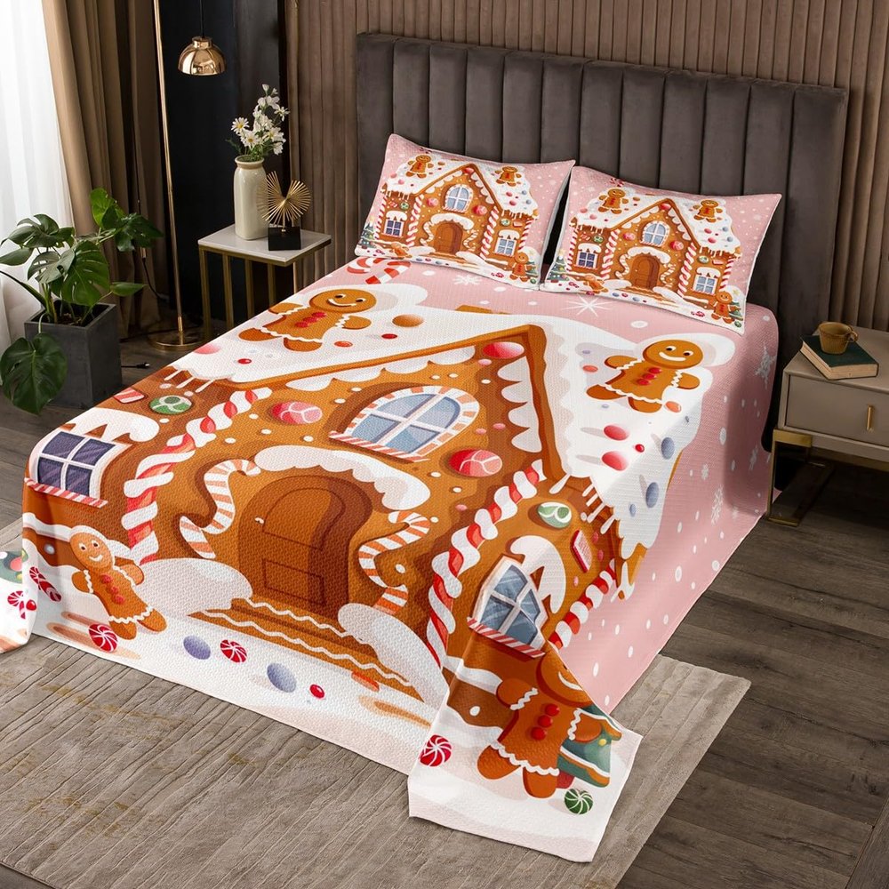 jejeloiu Gingerbread Man Bedspread Quilts Pink Christmas Coverlet Set Twin Size for Kids Boys Girls Snowflake Quilted Coverlet for All Season with 1 Pillowcase