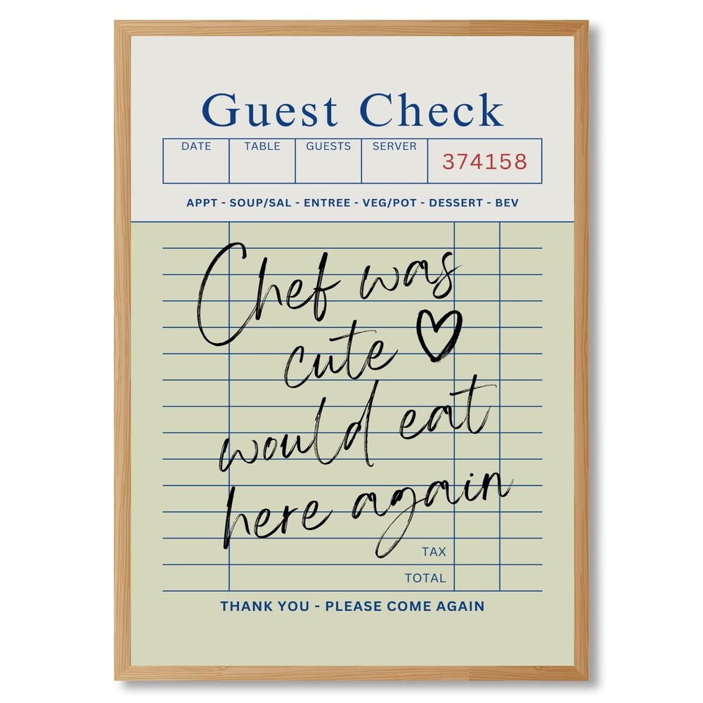 Balsuka Guest Check Poster Chef Was Cute Would Eat Here Again Quotes Wall Decor Funny Kitchen Wall Art Trendy Canvas Print Painting Aesthetics for Restaurant Cafe Dining Room 8x10inch Wooden frame