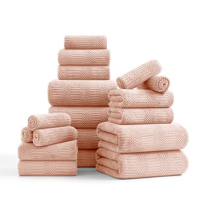 18 Pcs Pink Woven Family Towels Set-6 Bath Sheets,6 Hand Towels,6 Washcloths Soft Polyester Towels Absorbent Shower Towel Quick Dry Beach Chair Towel Lint Less Towels Set for Bathroom Spa Gym Hotel