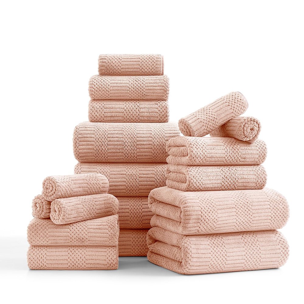 18 Pcs Pink Woven Family Towels Set-6 Bath Sheets,6 Hand Towels,6 Washcloths Soft Polyester Towels Absorbent Shower Towel Quick Dry Beach Chair Towel Lint Less Towels Set for Bathroom Spa Gym Hotel