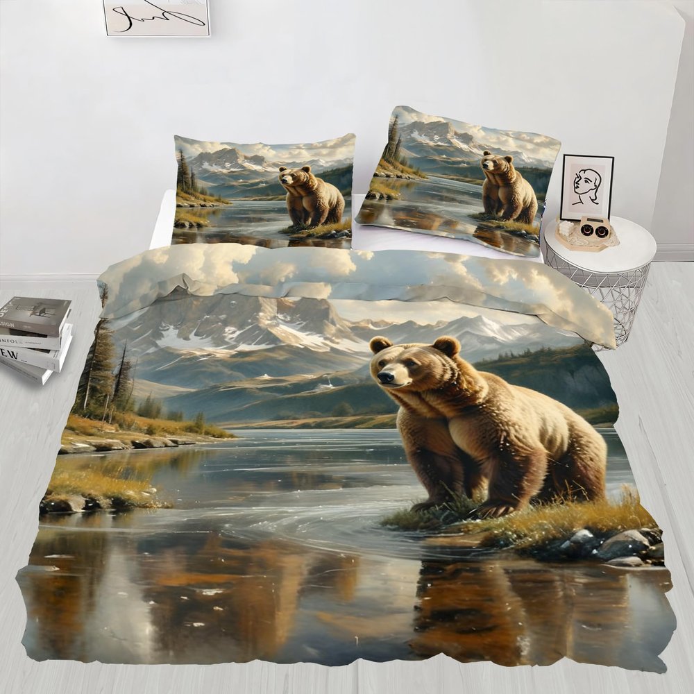 RUHEYIA Bears Bedding Sets Twin Wildlife Duvet Cover Natural Snow Mountains Kids Duvet Cover Bedding Set for Kids Teens Adults