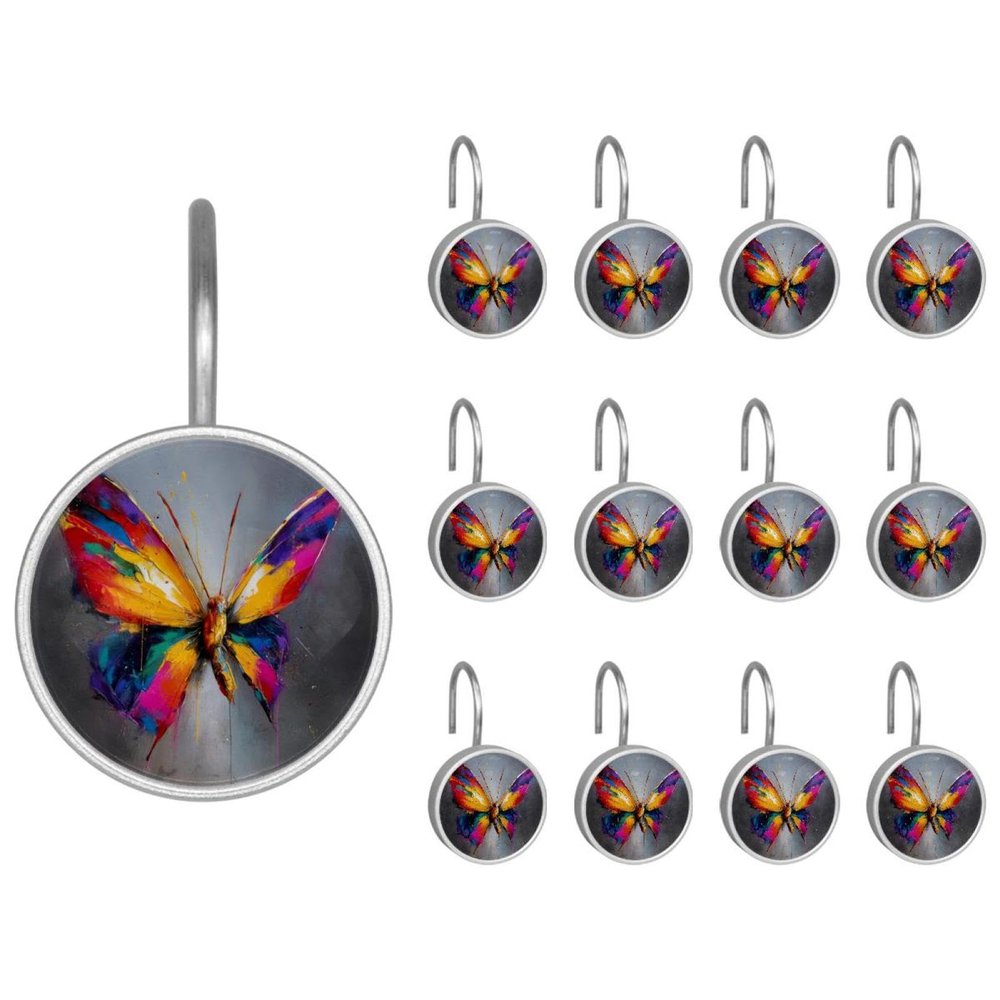 Colorful Butterfly (2) Rolling Shower Curtain Hooks,Clear Crystal Glass Art Decorative Stainless Bath Bathroom Set 12 Pcs
