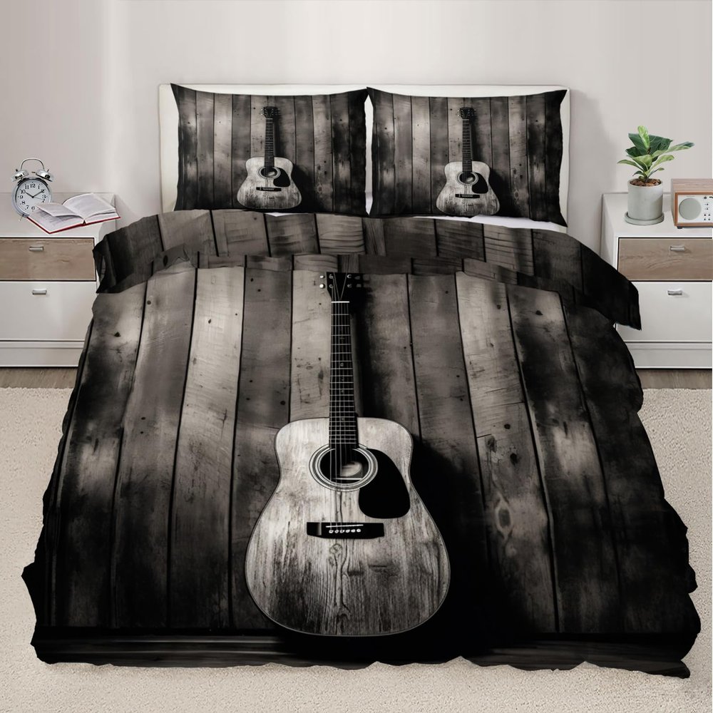 RUHEYIA Acoustic Guitar Bedding Sets California King Distressed Wood Grain Comforter Cover Vintage Style 3D Bedding Set Cover with Zipper Quilt Cover 2 Pillowcases